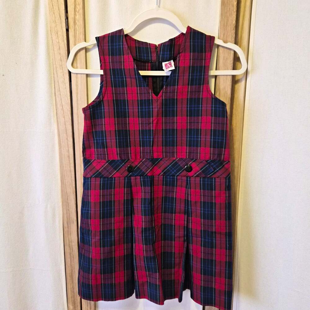 School Apparel Inc Girls 7 Red Blue Tartan Plaid Sleeveless V-Neck Dress